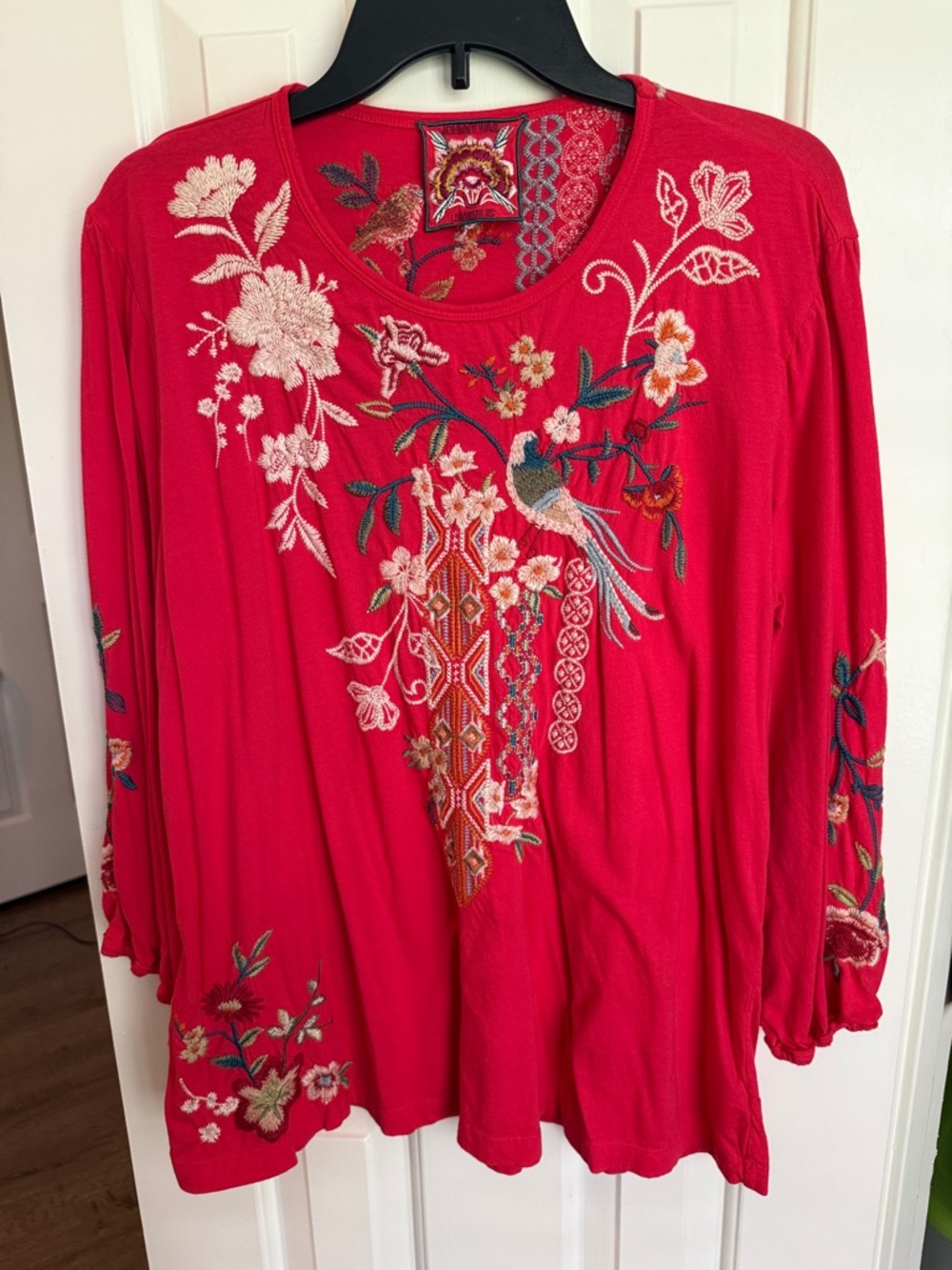 Johnny Was Bright Red Embroidered Bird & Floral Tunic